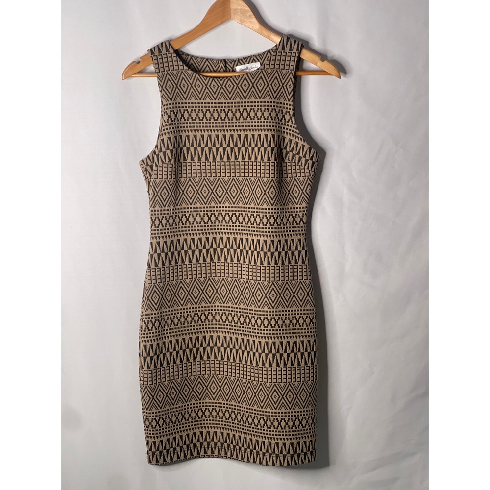 Emerald Sundae Tan Black Geometric Tribal Print Bodycon Sheath Dress SP-52216